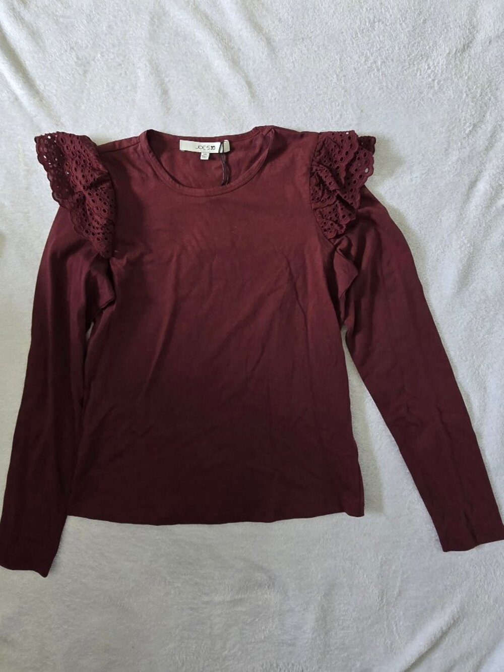 NWT Joe's Eyelet Ruffle Long Sleeve Top, Vineyard Wine, Size XS